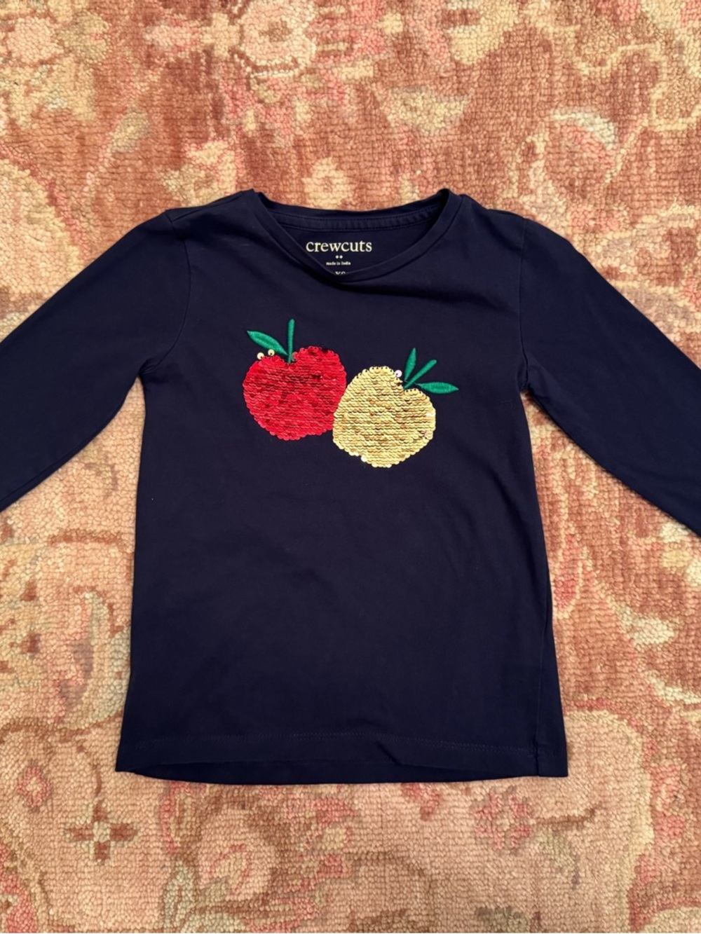 Crewcuts navy long-sleeve tee with red and gold sequin apples